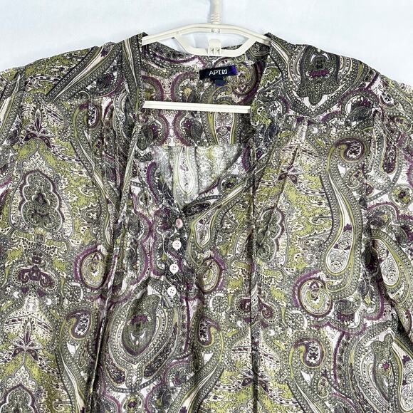 Apt 9 Tunic Top M Green Purple Sheer Paisley Boho Chic Artsy Cottagecore Fairy - Picture 3 of 8